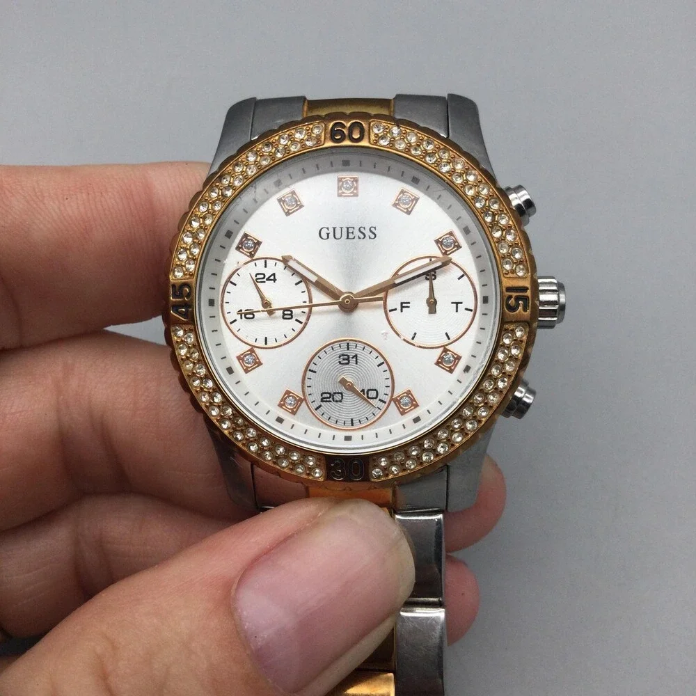 Guess Womens Watch 38mm Rose Gold Two Tone Crystal Bezel New Battery 6.5